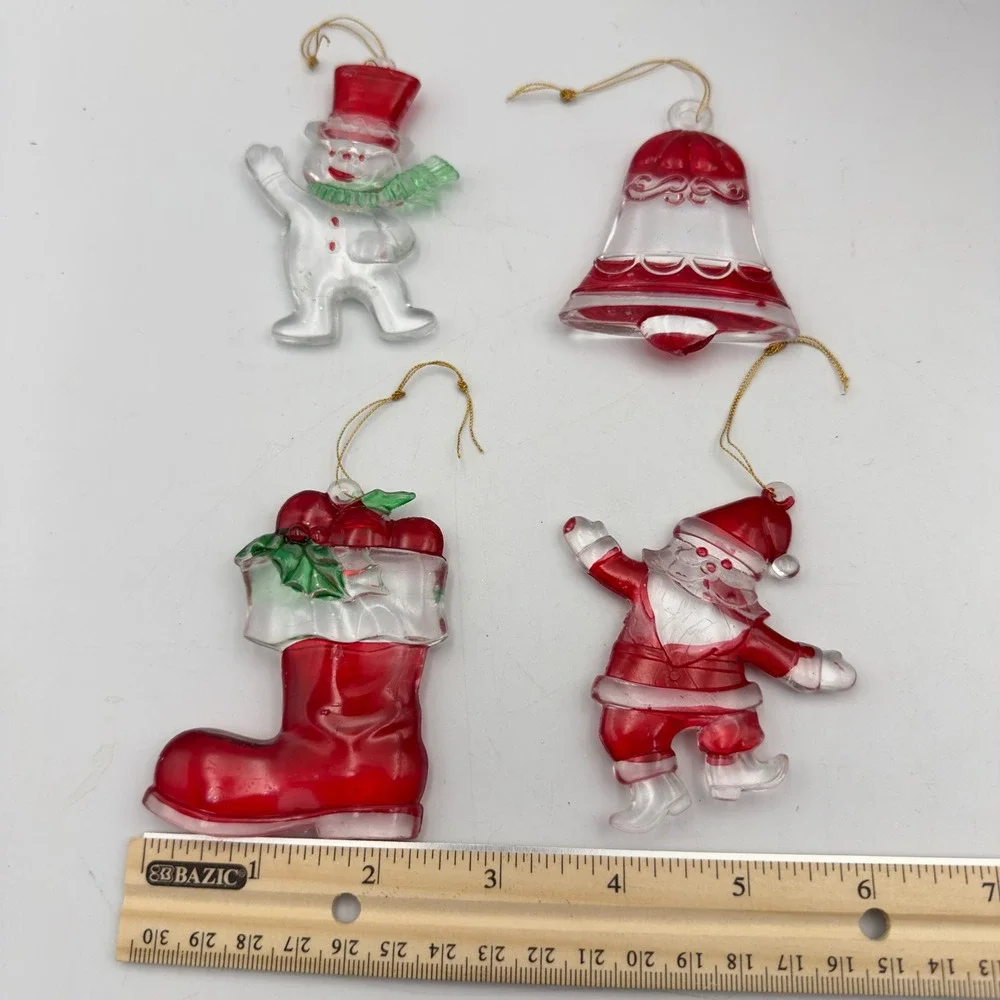Vintage Clear Red Acrylic Christmas Ornaments Set 4 Santa‎ Snowman Bell Stocking